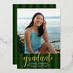 Green stripes graduation photo script real gold foil invitation