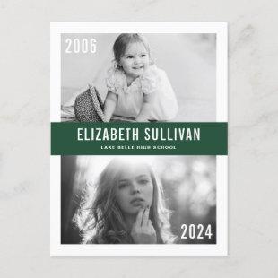 Green Then and Now Photo Collage Graduation Announcement Postcard