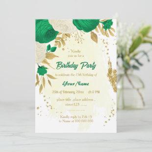 green & white flowers gold birthday party invitation