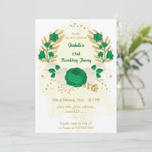 green & white flowers gold birthday party invitation