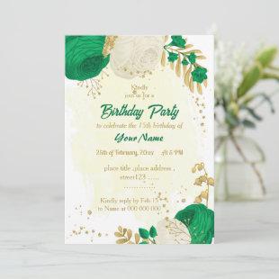 green  white flowers gold botanical birthday party invitation