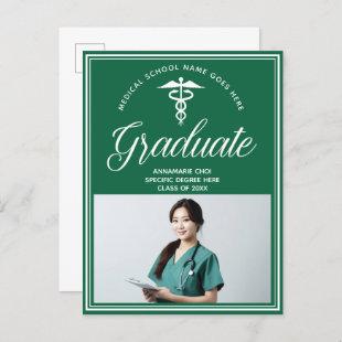 Green White Medical School Photo Graduation Announcement Postcard