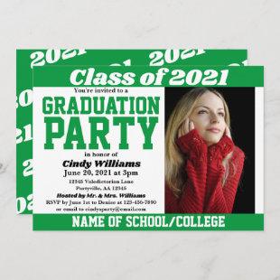 Green White School Colors Photo Graduation Invitation