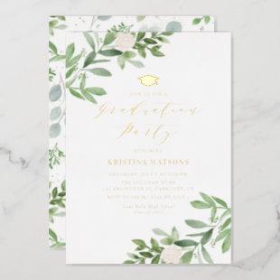 Greenery and White Flowers 2022 Graduation Party Foil Invitation