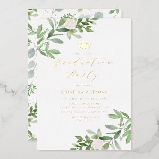 Greenery and White Flowers Graduation Party Foil Invitation