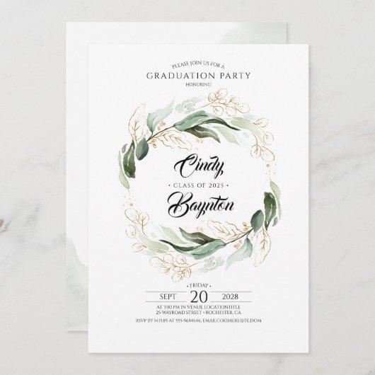 Greenery Foliage and Gold Leaves Graduation Party Invitation