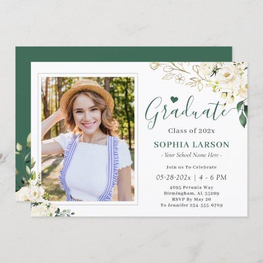 Greenery Gold Floral Photo Graduation Celebration Invitation