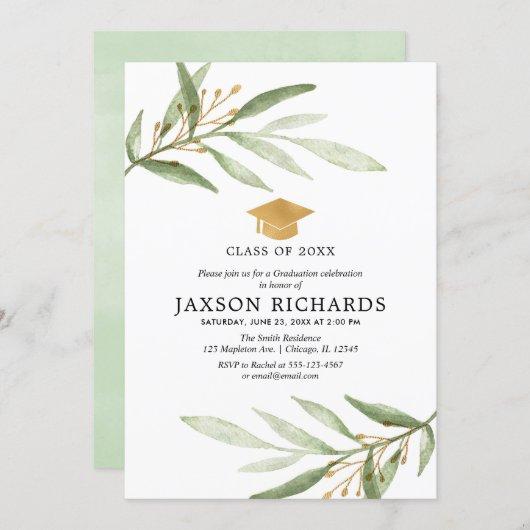 Greenery graduation, simple modern green gold grad invitation