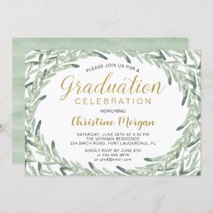 Greenery Olive Branch Gold Script Graduation Invitation