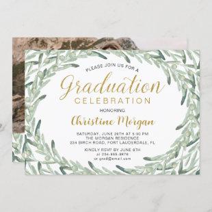 Greenery Olive Branch Gold Script Photo Graduation Invitation