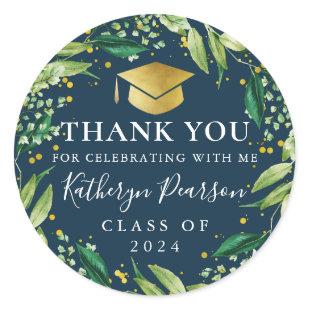 Greenery Wreath Blue Gold  Graduation Thank You Classic Round Sticker