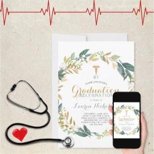 Greenery wreath + gold confetti medical graduation invitation