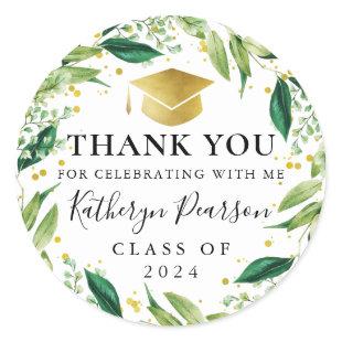Greenery Wreath Gold Glitter Graduation Thank You  Classic Round Sticker