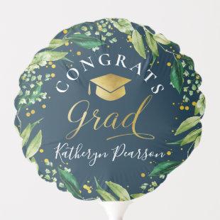 Greenery Wreath Gold Navy Blue Graduation Photo Balloon