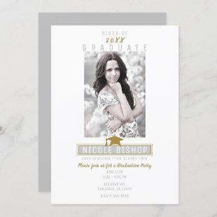 Grey White & Gold Modern Photo Graduation Party Invitation