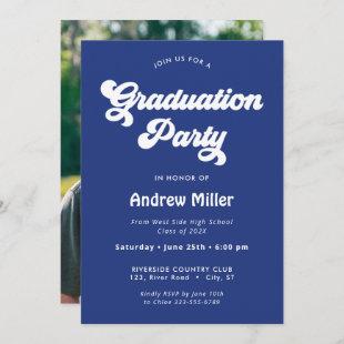 Groovy Blue Graduation Party Photo on Back Holiday Card