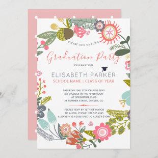 Hand drawn blooms meadow wreath graduation party invitation