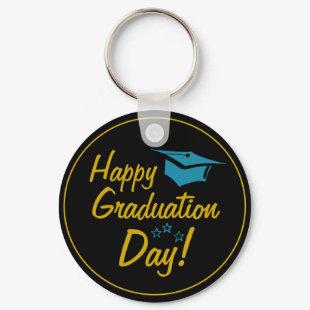 Happy Graduation Day Black Gold Blue Script Keychain