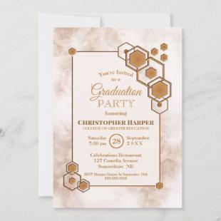 Hexagonal Gold Frame Marble Graduation Party Invitation