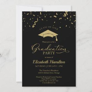 High School Grad Party Gold Confetti Black Invitation