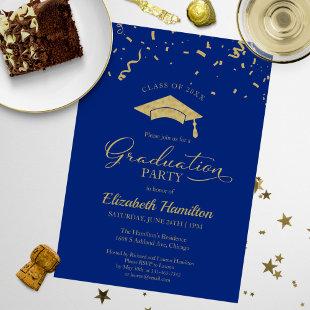 High School Grad Party Gold Confetti Blue Invitation