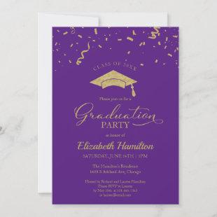 High School Grad Party Gold Confetti Purple Invitation