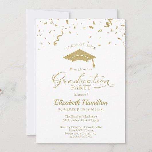 High School Grad Party Gold Confetti White Invitation