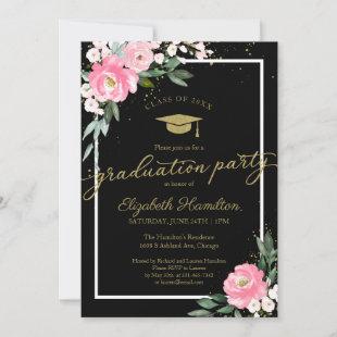 High School Grad Party Hot Pink Floral Black  Invitation