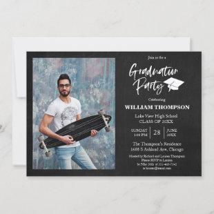 High School Grad Party Modern Chalk Black & White Invitation