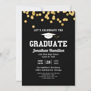 High School Graduation Party Black Gold Confetti Invitation