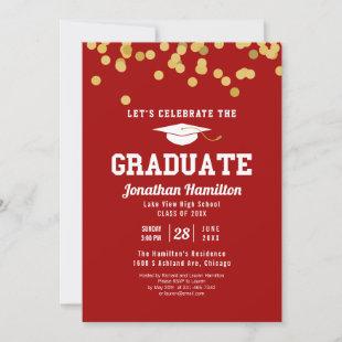 High School Red Graduation Party Gold Confetti Invitation