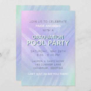 Holographic Tropical Leaves Graduation Pool Party Invitation
