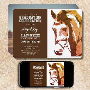 Horse Sketch Modern Brown White Photo Graduation Invitation