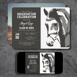 Horse Sketch Modern Grey White Photo Graduation Invitation