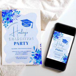 Hot blue wavy frame boho floral graduation invitation
