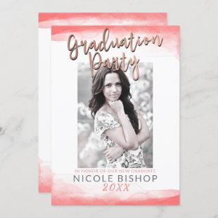 Hot Coral Modern Rose Gold Graduation Party Photo Invitation