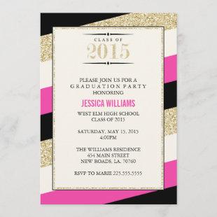 Hot Pink and Gold Glitter Striped Graduation Invitation