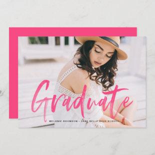 Hot Pink Brush Lettering Photo Graduation Invitation