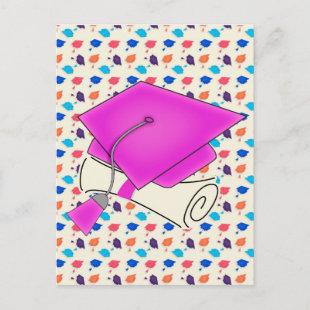 Hot Pink Graduation Cap and Diploma, Colorful Cap Announcement Postcard