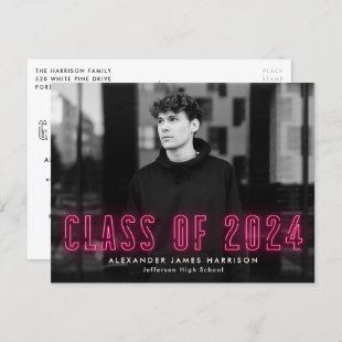 Hot Pink Neon Class of 2024 Photo Graduation Party Invitation Postcard