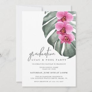 Hot Pink Orchids Tropical Graduation Pool Party Invitation