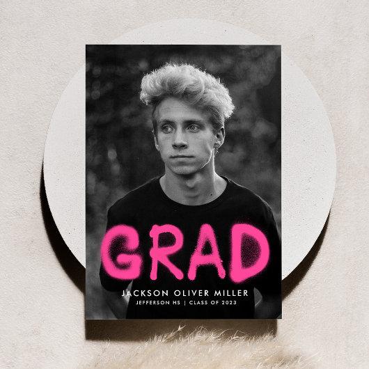 Hot Pink Spray Paint Typography Photo Graduation Announcement