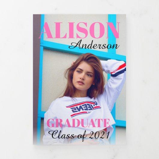 Hot Pink typography Class of 2021 graduation photo Tri-Fold Announcement