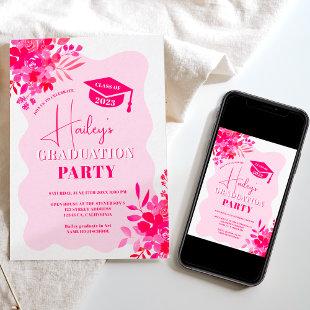 Hot pink wavy frame red pink floral graduation invitation