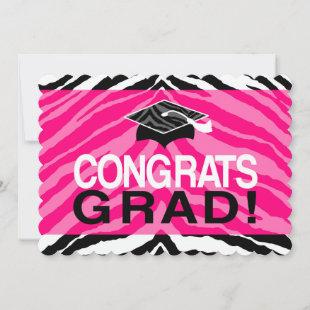 Hot Pink Zebra Congrats Girl's Graduation Party Invitation