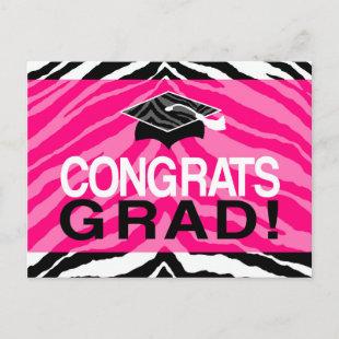 Hot Pink Zebra Congrats Girl's Graduation Party Invitation Postcard