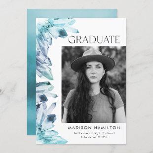 Ice Blue Watercolor Crystal Photo Graduation Party Invitation
