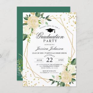 Ivory Golden Floral Modern Frame Graduation Party Invitation