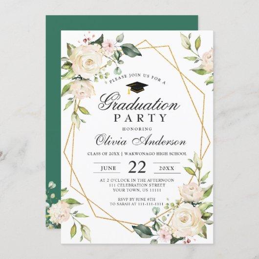 Ivory Golden Floral Modern Frame Graduation Party Invitation