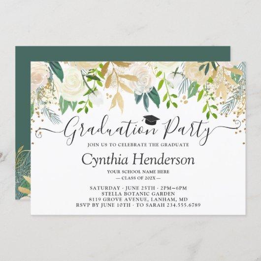 Ivory Greenery Gold Bloom Floral Graduation Party Invitation